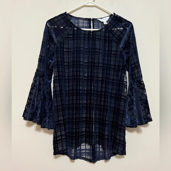 LC Lauren Conrad Women's Top Small 3/4 Bell Sleeves Semi-Sheer Velvet Blue - Picture 11 of 12